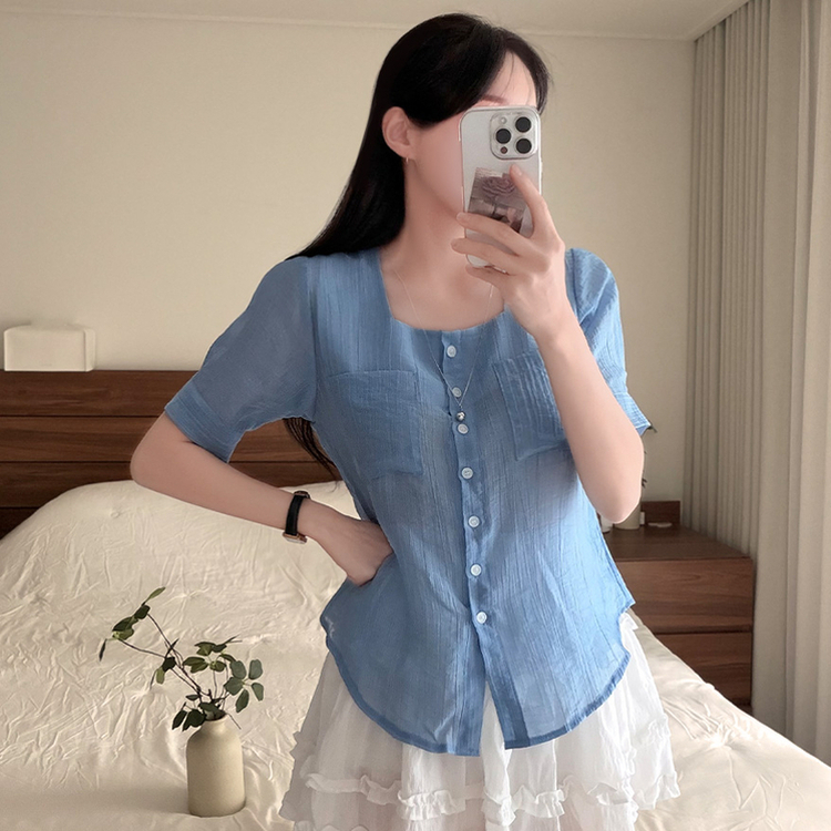 スクエアネック半袖シアーシャツブラウス SKY BLUE