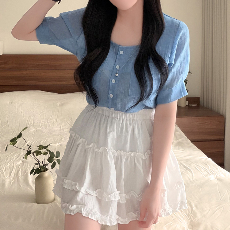 スクエアネック半袖シアーシャツブラウス SKY BLUE