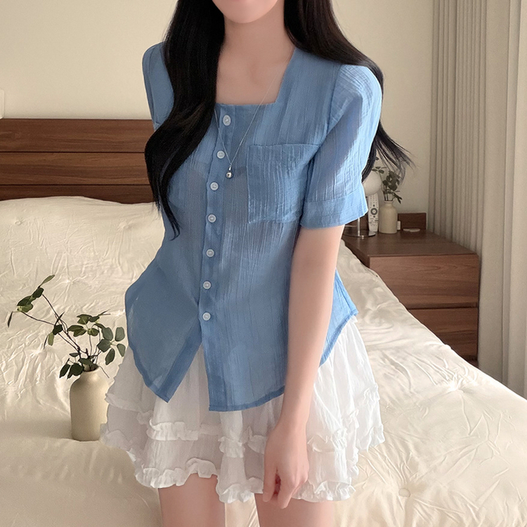 スクエアネック半袖シアーシャツブラウス SKY BLUE