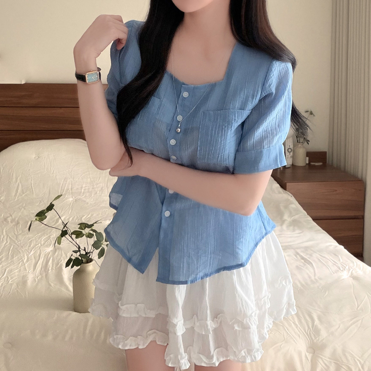 スクエアネック半袖シアーシャツブラウス SKY BLUE