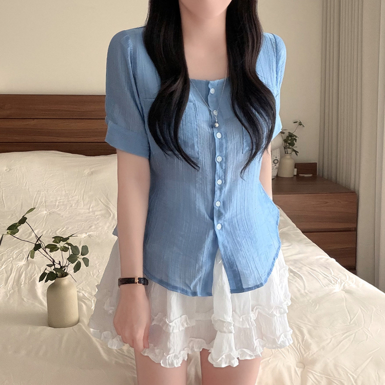 スクエアネック半袖シアーシャツブラウス SKY BLUE