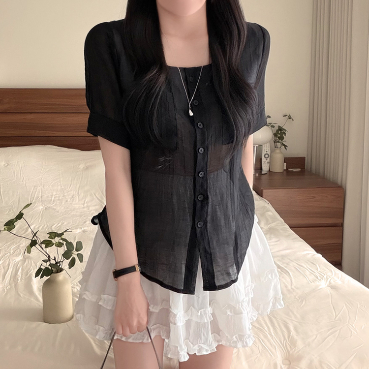 スクエアネック半袖シアーシャツブラウス BLACK