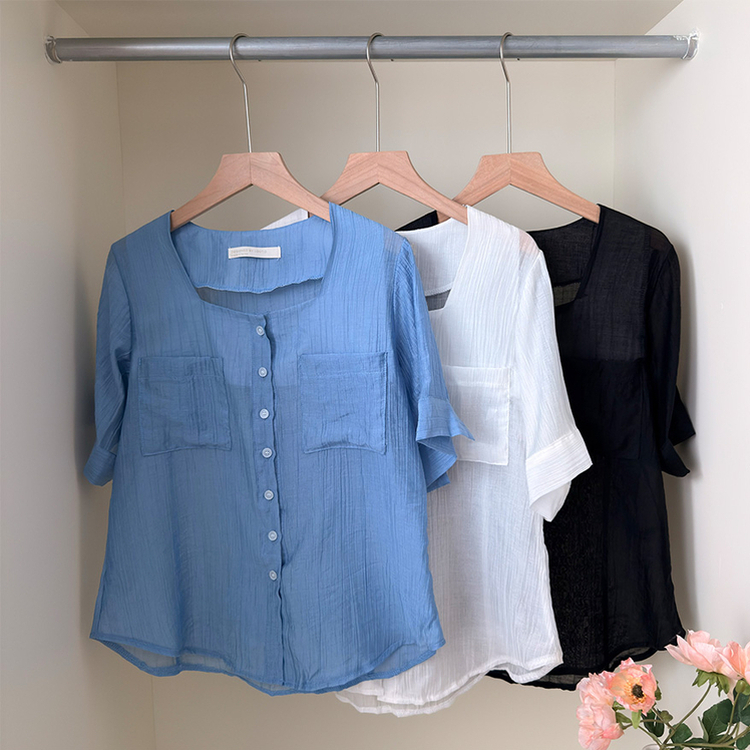 スクエアネック半袖シアーシャツブラウス