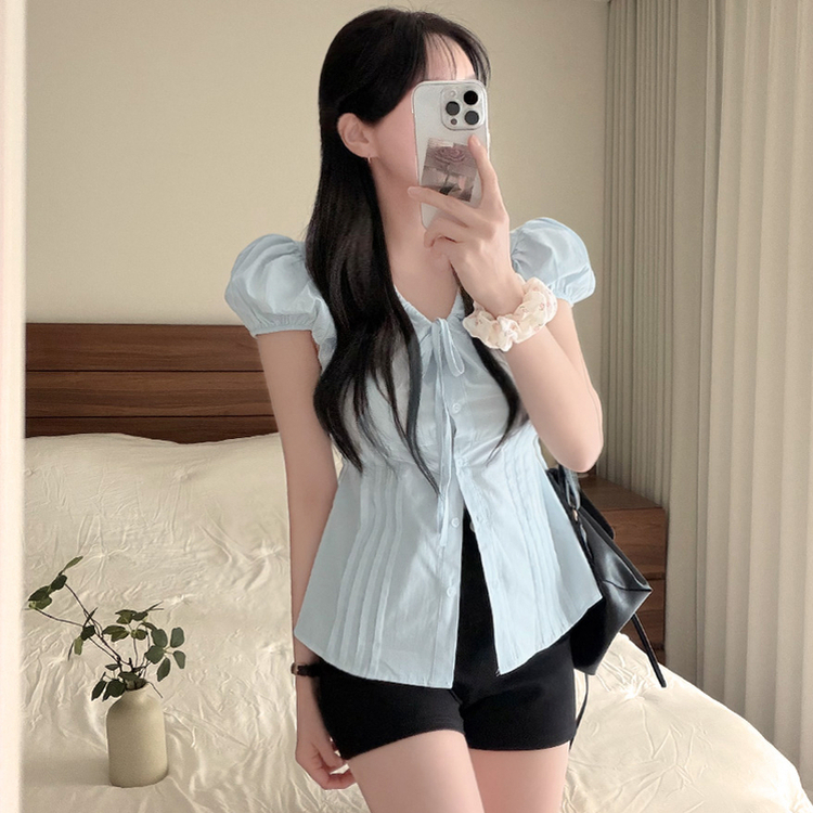 リボンパフキャップスリーブ半袖ブラウス SKY BLUE