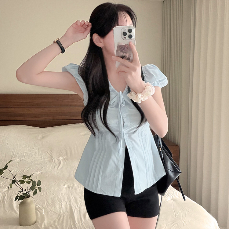 リボンパフキャップスリーブ半袖ブラウス SKY BLUE