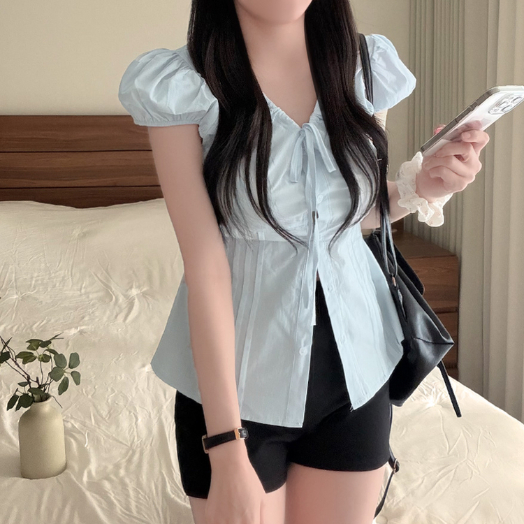 リボンパフキャップスリーブ半袖ブラウス SKY BLUE