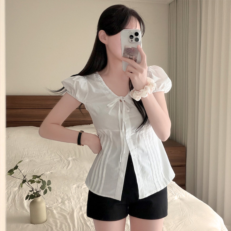 リボンパフキャップスリーブ半袖ブラウス WHITE