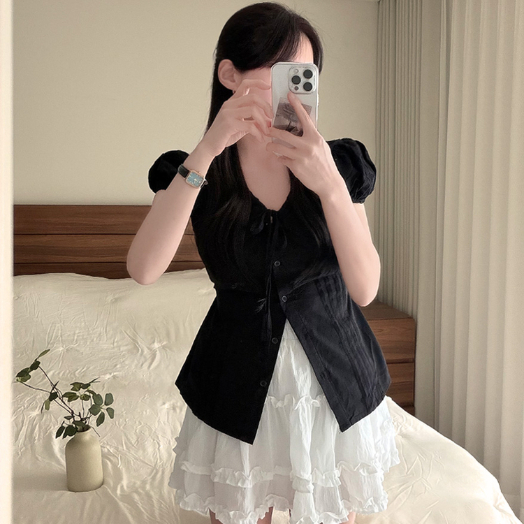 リボンパフキャップスリーブ半袖ブラウス BLACK