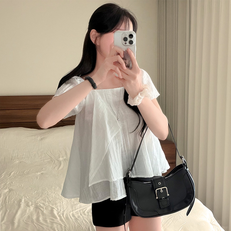 フリルスクエアネックパフ半袖ブラウス IVORY