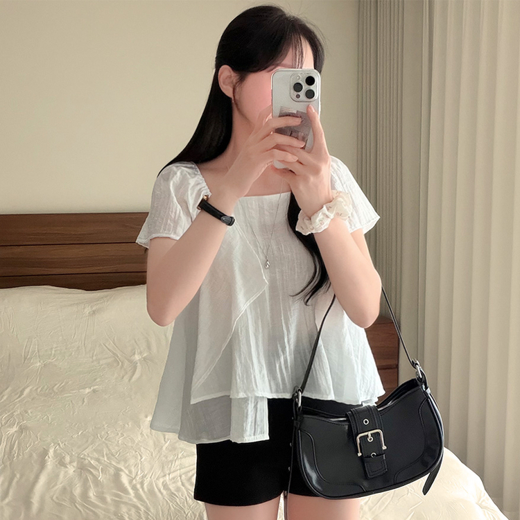 フリルスクエアネックパフ半袖ブラウス IVORY