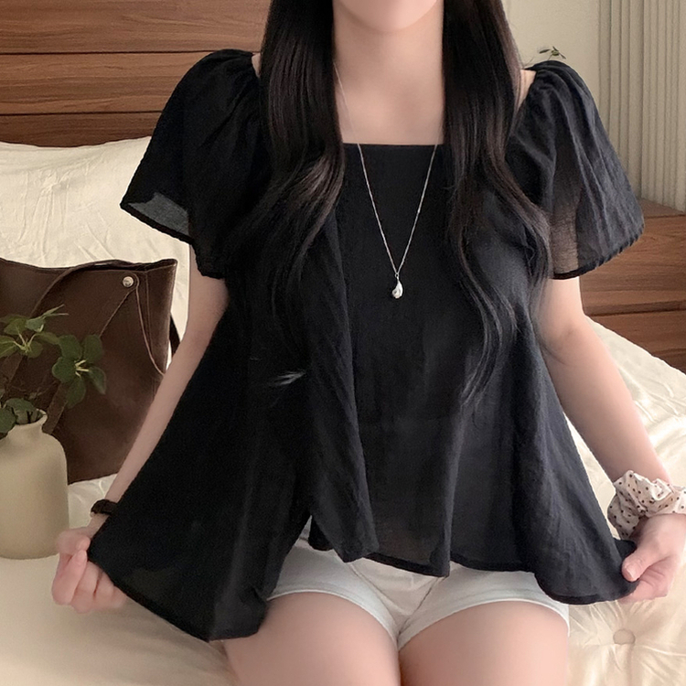 フリルスクエアネックパフ半袖ブラウス BLACK