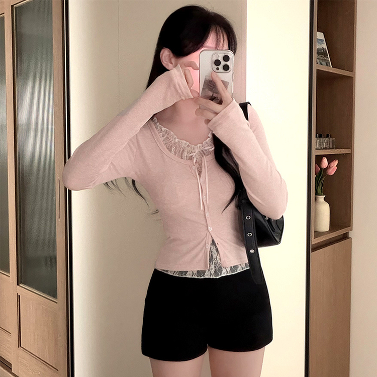 レースリボンレイヤードUネック長袖カーディガン(5color) PINK