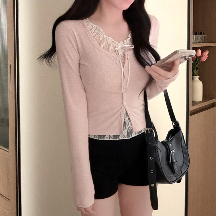 レースリボンレイヤードUネック長袖カーディガン(5color) PINK