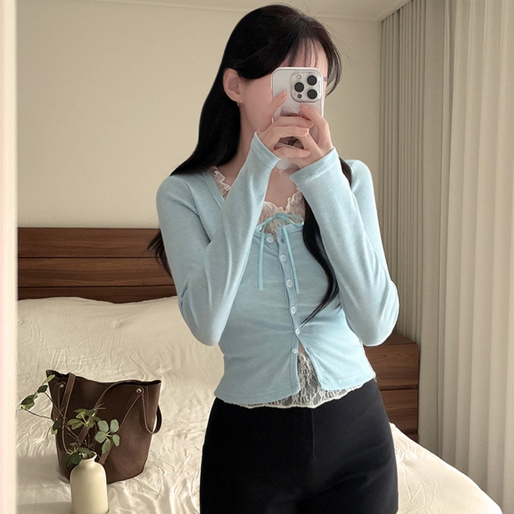 レースリボンレイヤードUネック長袖カーディガン(5color) SKY BLUE