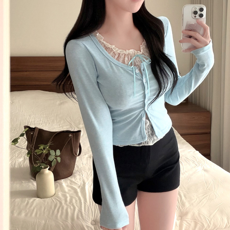 レースリボンレイヤードUネック長袖カーディガン(5color) SKY BLUE