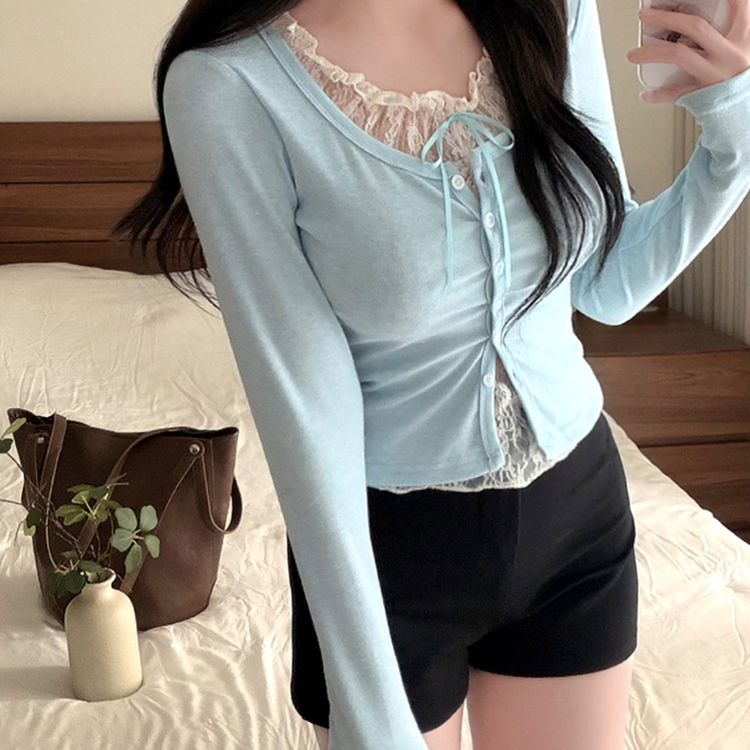 レースリボンレイヤードUネック長袖カーディガン(5color) SKY BLUE