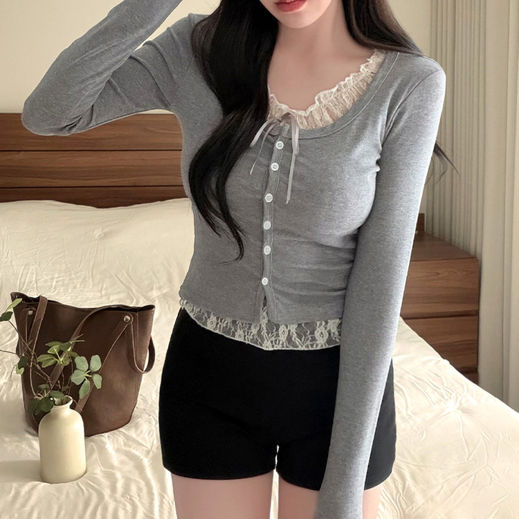 レースリボンレイヤードUネック長袖カーディガン(5color) GREY