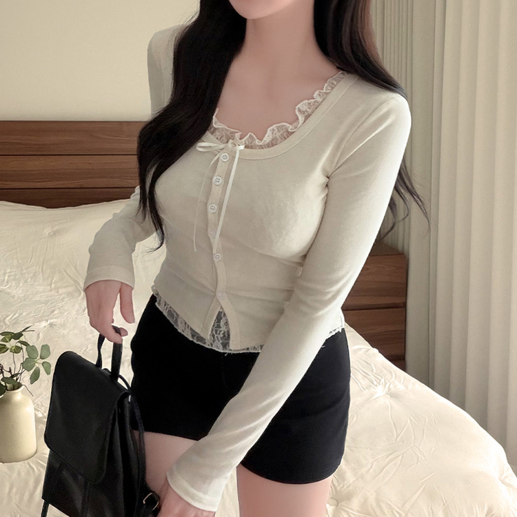 レースリボンレイヤードUネック長袖カーディガン(5color) BEIGE