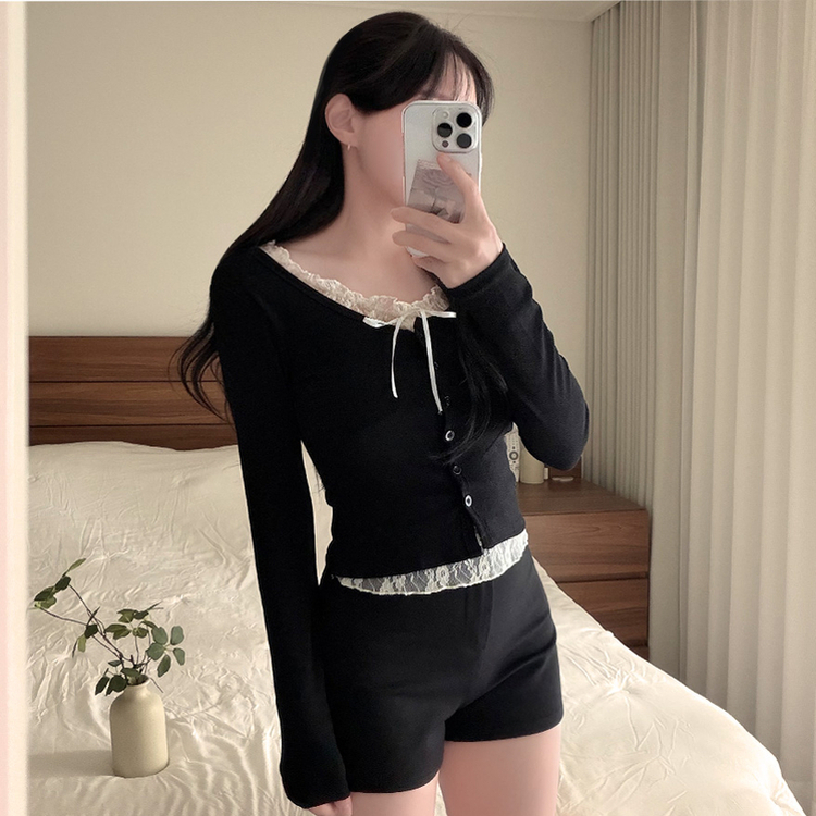 レースリボンレイヤードUネック長袖カーディガン(5color) BLACK