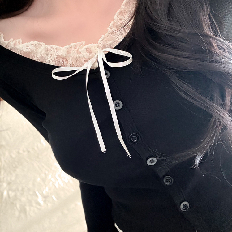 レースリボンレイヤードUネック長袖カーディガン(5color) BLACK