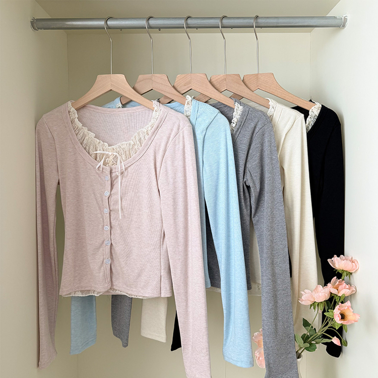 レースリボンレイヤードUネック長袖カーディガン(5color)