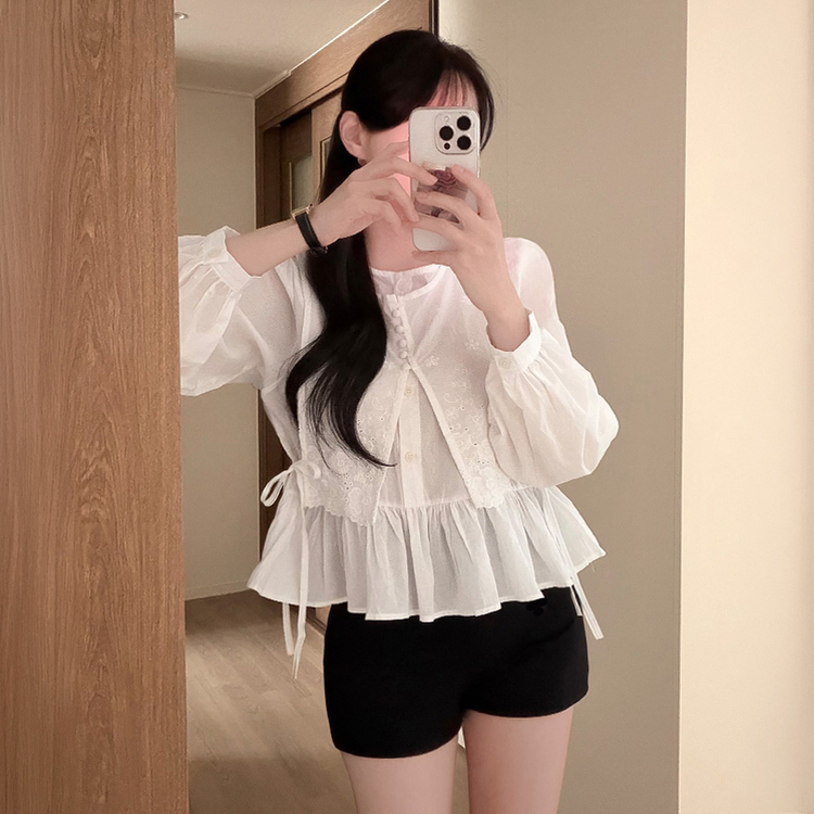 コットンパンチングレイヤードパフ長袖ブラウス IVORY