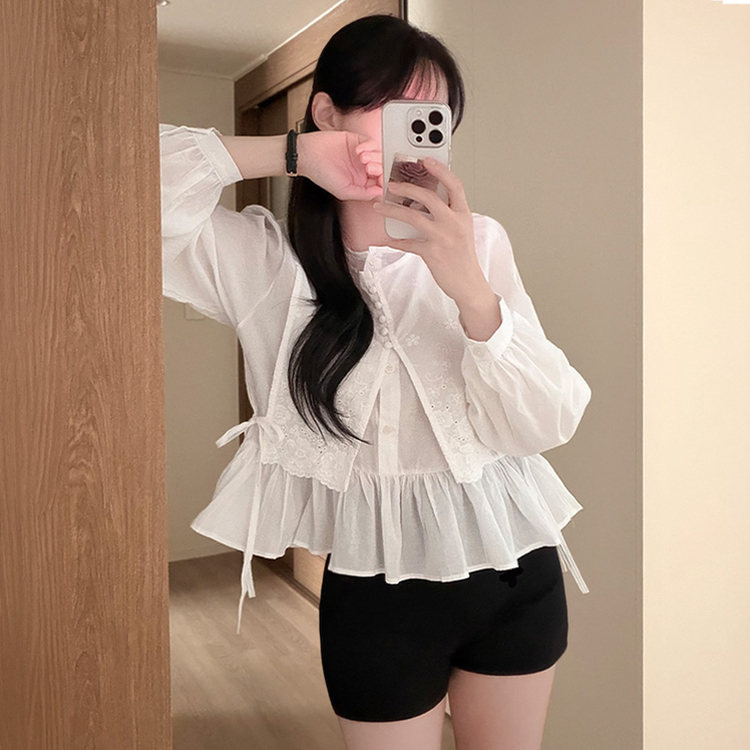 コットンパンチングレイヤードパフ長袖ブラウス IVORY