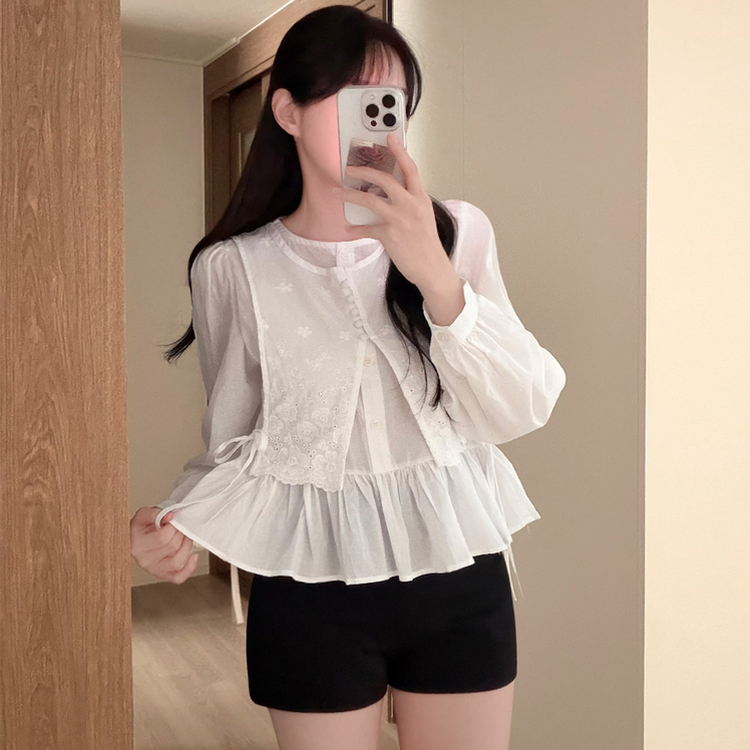 コットンパンチングレイヤードパフ長袖ブラウス IVORY