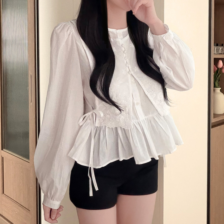 コットンパンチングレイヤードパフ長袖ブラウス IVORY