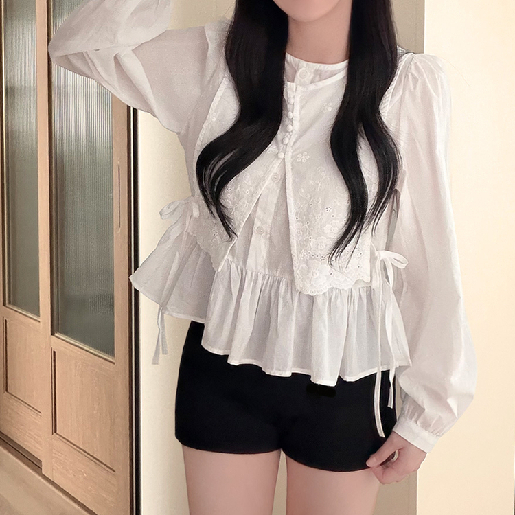 コットンパンチングレイヤードパフ長袖ブラウス IVORY