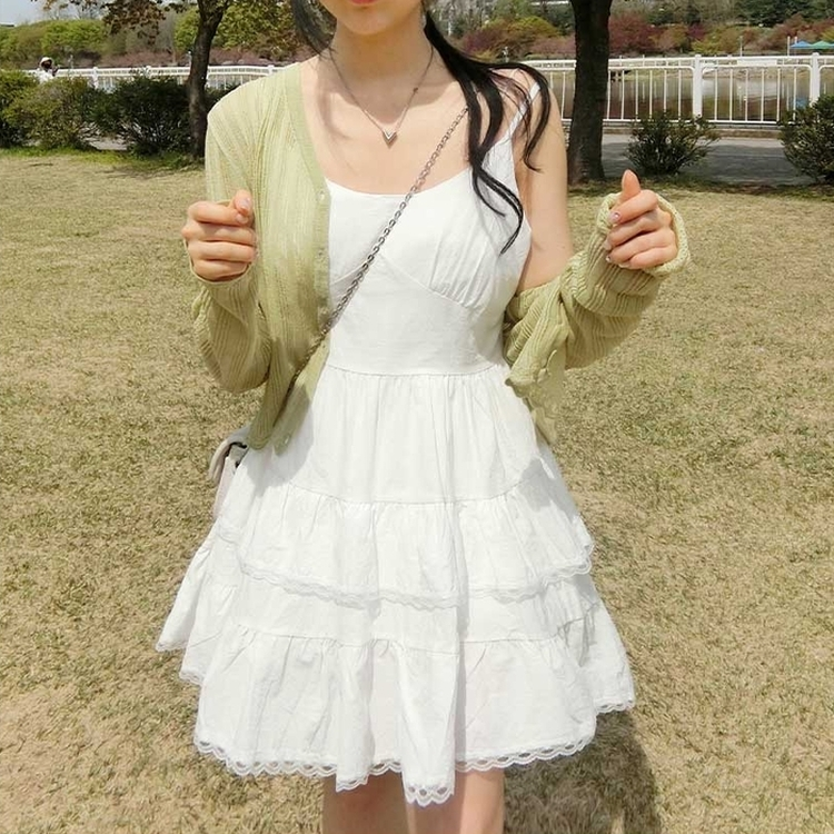レースフリルキャミソールティアードミニワンピース WHITE