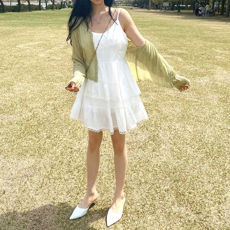 レースフリルキャミソールティアードミニワンピース WHITE