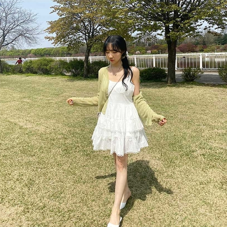 レースフリルキャミソールティアードミニワンピース WHITE