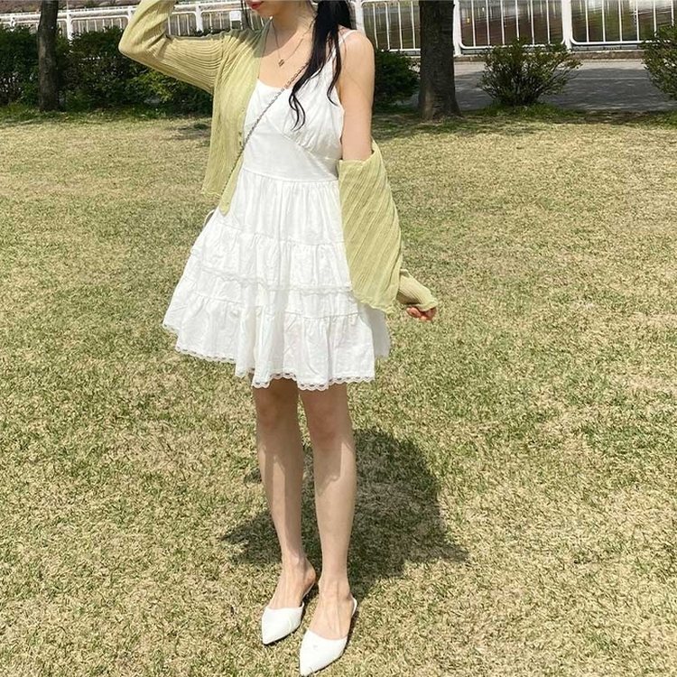 レースフリルキャミソールティアードミニワンピース WHITE