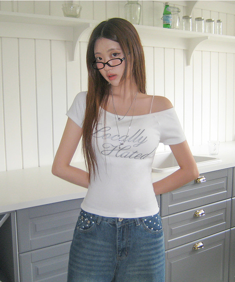 グリッターレタリングスリムオフショル半袖Tシャツ WHITE