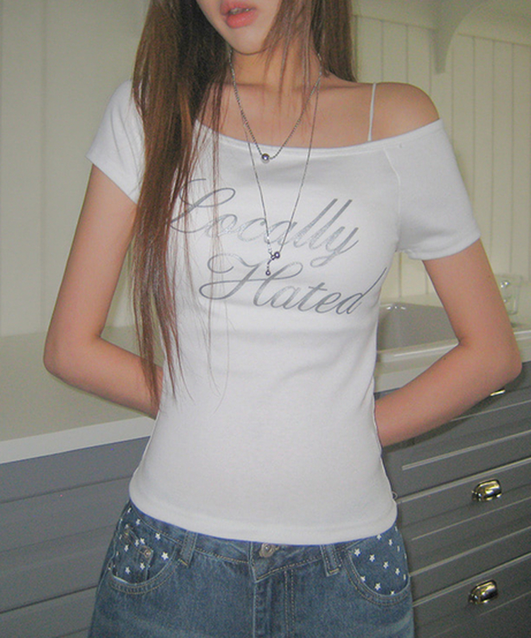グリッターレタリングスリムオフショル半袖Tシャツ WHITE