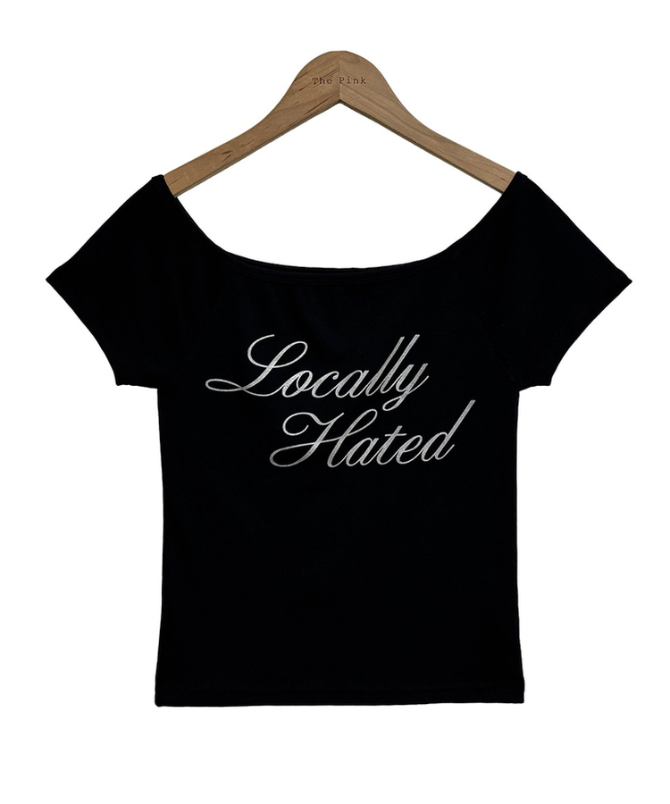 グリッターレタリングスリムオフショル半袖Tシャツ