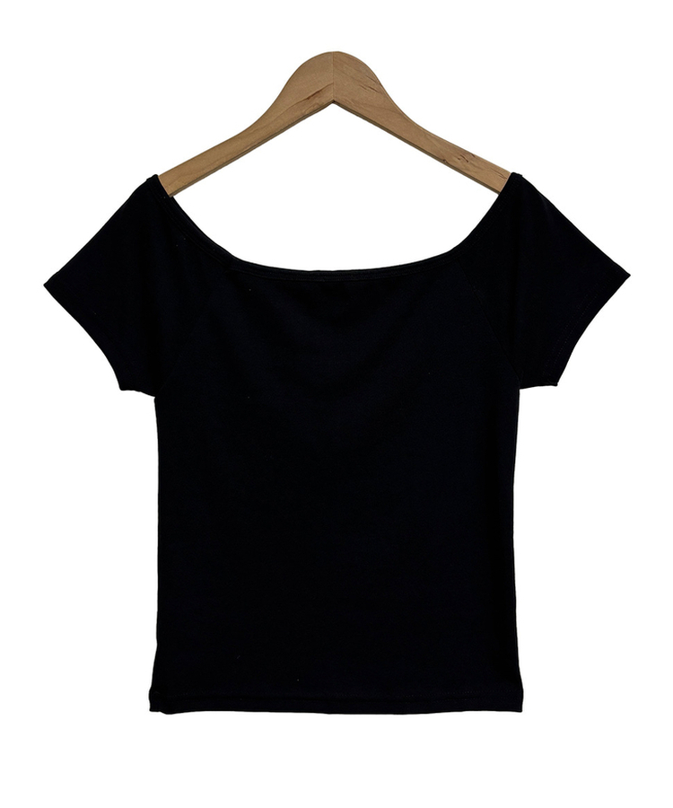 グリッターレタリングスリムオフショル半袖Tシャツ