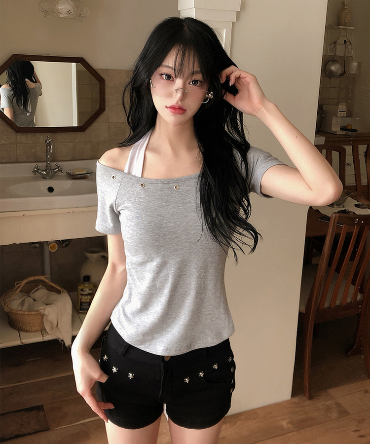 アイレットレイヤードホルターネック半袖Tシャツ(5color)｜半袖Tシャツ