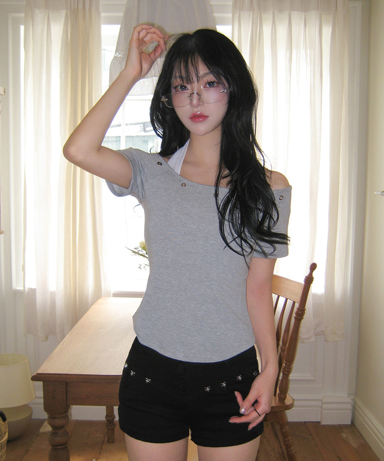 韓国　半鐘 アイレットレイヤードホルターネック半袖Tシャツ(5color)｜半袖Tシャツ