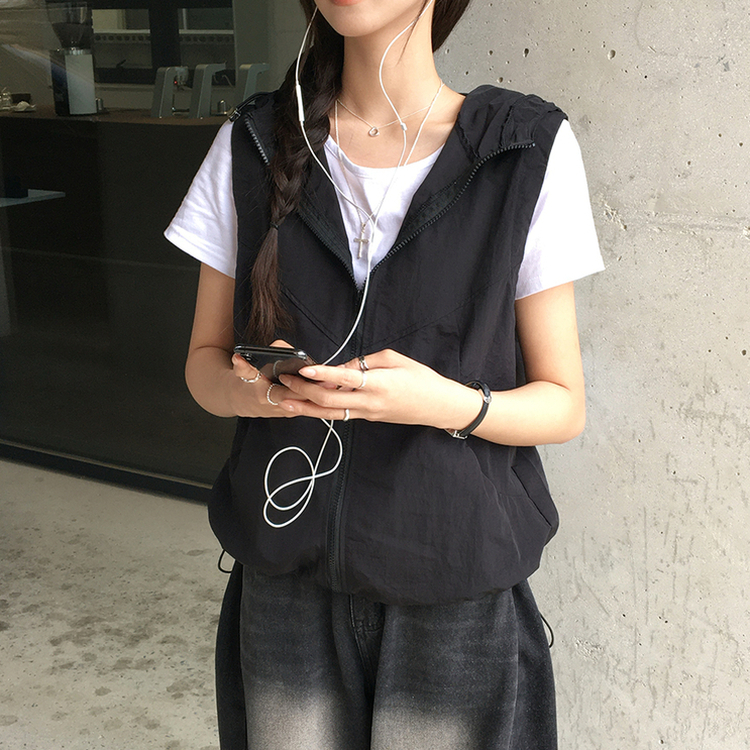 クールサマーフードベストジップアップ BLACK