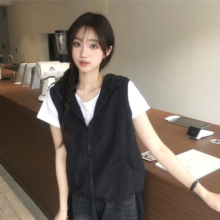 クールサマーフードベストジップアップ BLACK