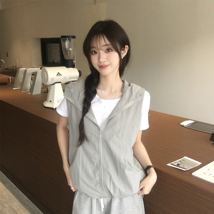 クールサマーフードベストジップアップ GREY