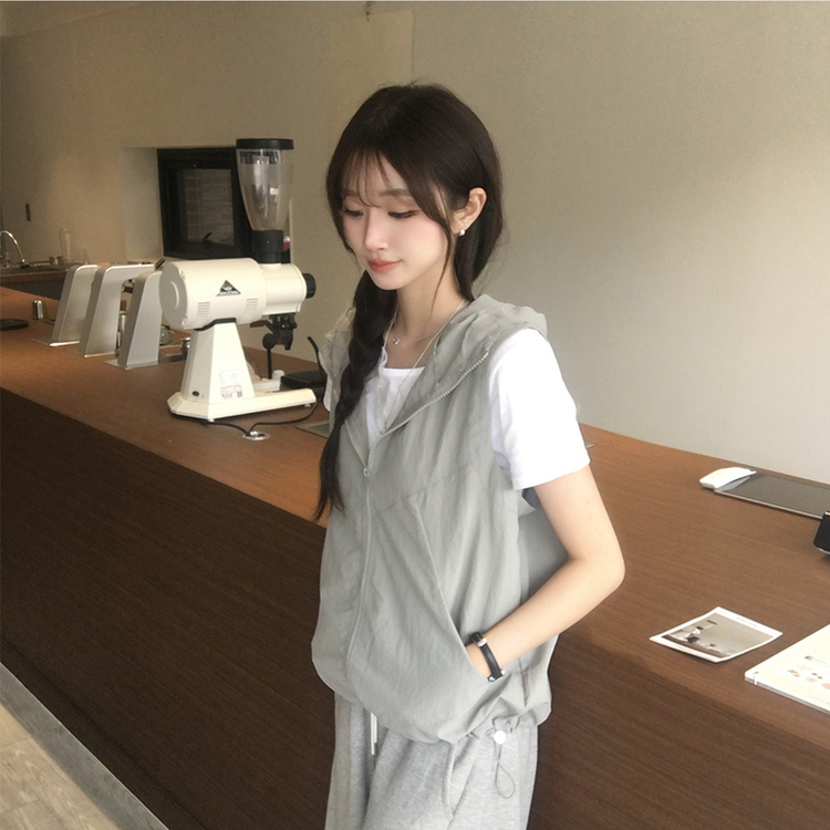 クールサマーフードベストジップアップ GREY