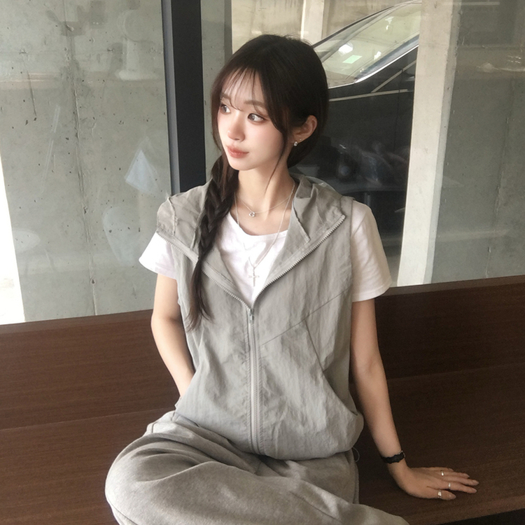 クールサマーフードベストジップアップ GREY