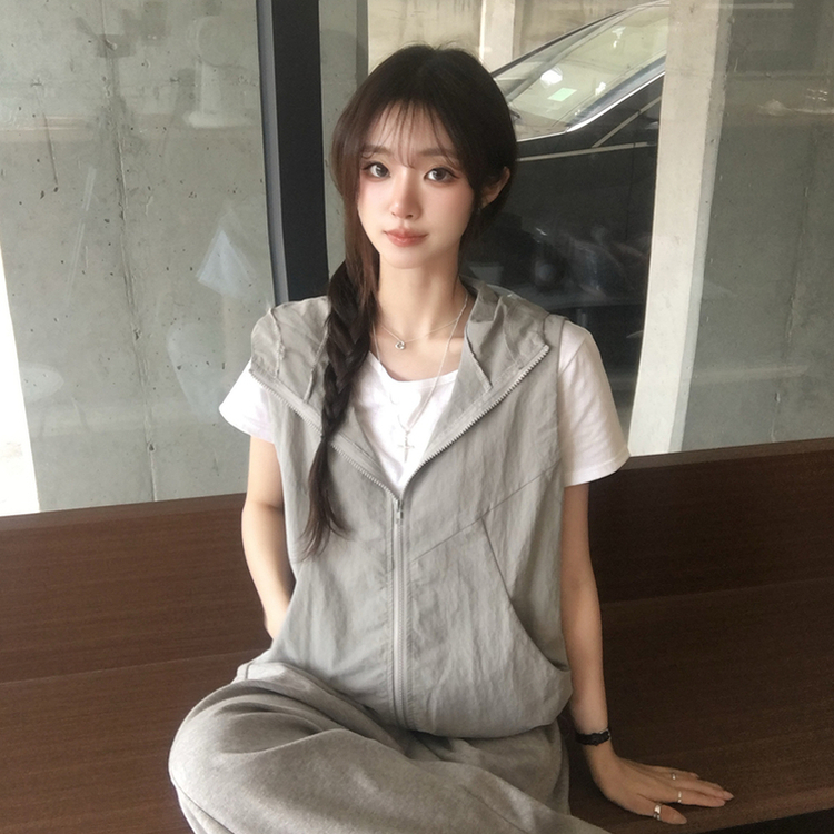 クールサマーフードベストジップアップ GREY