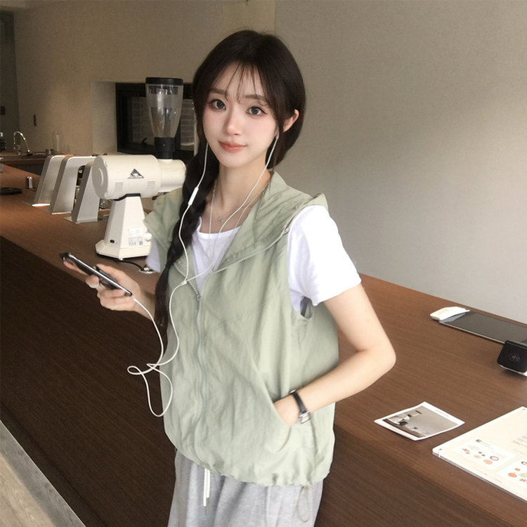 クールサマーフードベストジップアップ KHAKI