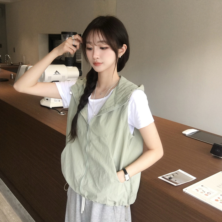 クールサマーフードベストジップアップ KHAKI