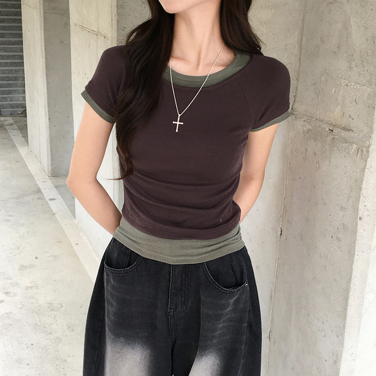 バイカラーレイヤード半袖Tシャツ CHESTNUT BROWN