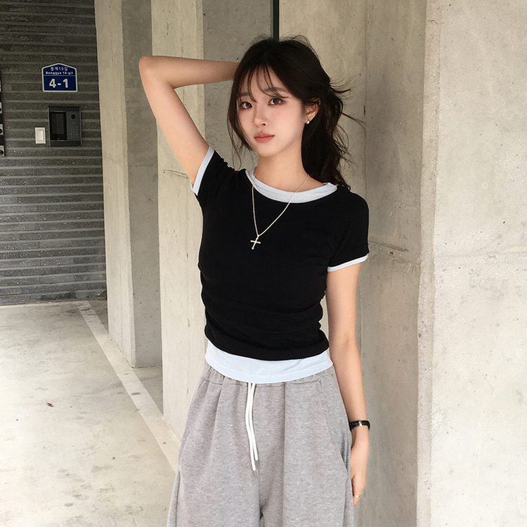 [데일리무드][레이어드효과] 옆셔링으로 허리잘록! 하리보 라운드 배색 레이어드 여름 반팔 티셔츠 골지 슬림핏 상의, 말라보이는 셔링 반팔티 4color 블랙